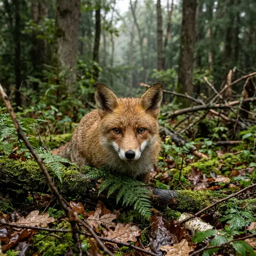 Любопытный сосед: Оригинальная работа для портфолио автора WildPixel. Сцена: дикая лиса осторожно заглядывает в объектив на опушке после дождя, естественное п