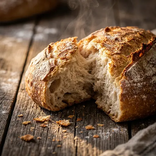 Утро на кухне: Оригинальная работа для портфолио автора TastyLoop. Сцена: свежая выпечка на деревянном столе, ломается хрустящая корочка, тёплый пар виден 