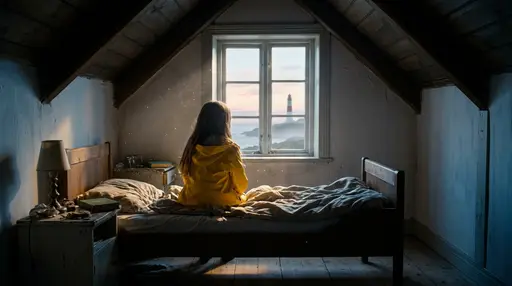 Пробуждение у маяка: A young girl with long brown hair, wearing a bright yellow raincoat with hood down, sits up in a simple wooden bed in a small attic room. Ea