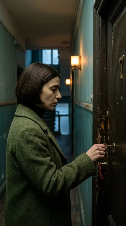 Квартира № 7 · 1. Ключ от завтра: Create one continuous vertical cinematic scene from the supplied visual reference. Anna is a 29-year-old woman with a short straight dark-br