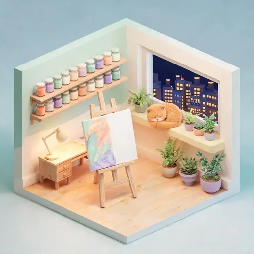 Комната художника: Изометрическая 3D-иллюстрация крошечной комнаты художника в разрезе: мольберт с картиной, растения в горшках, полки с банками красок, кот сп
