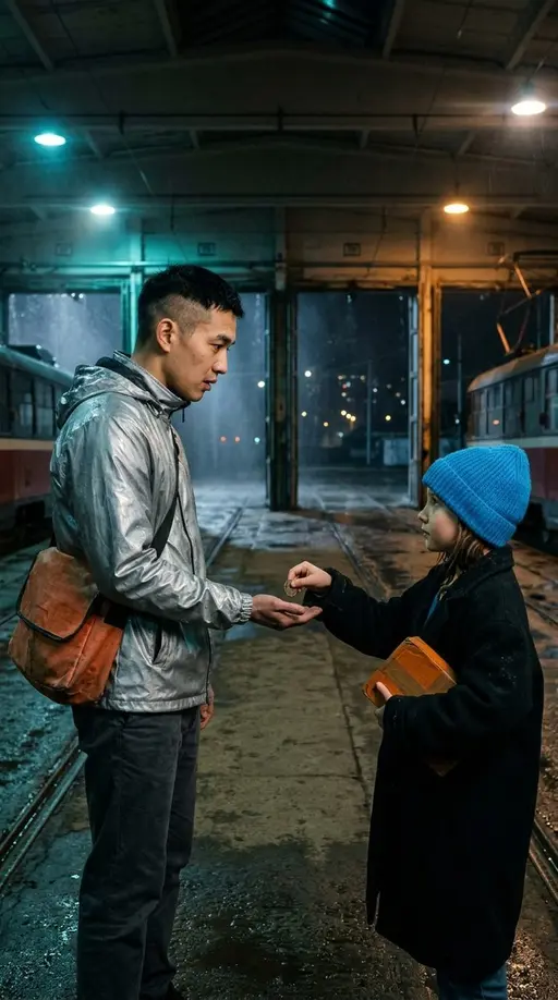 Курьер для вчера · 3. Получатель опоздал: Create one continuous vertical cinematic scene from the supplied visual reference. Miro is a 24-year-old courier with a shaved left temple, 