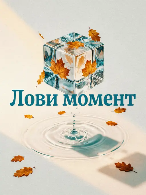 Листопадный импульс: Яркий авторский постер: огромный прозрачный кубик льда завис над лужей, внутри замерли золотые осенние листья, а круги на воде складываются 