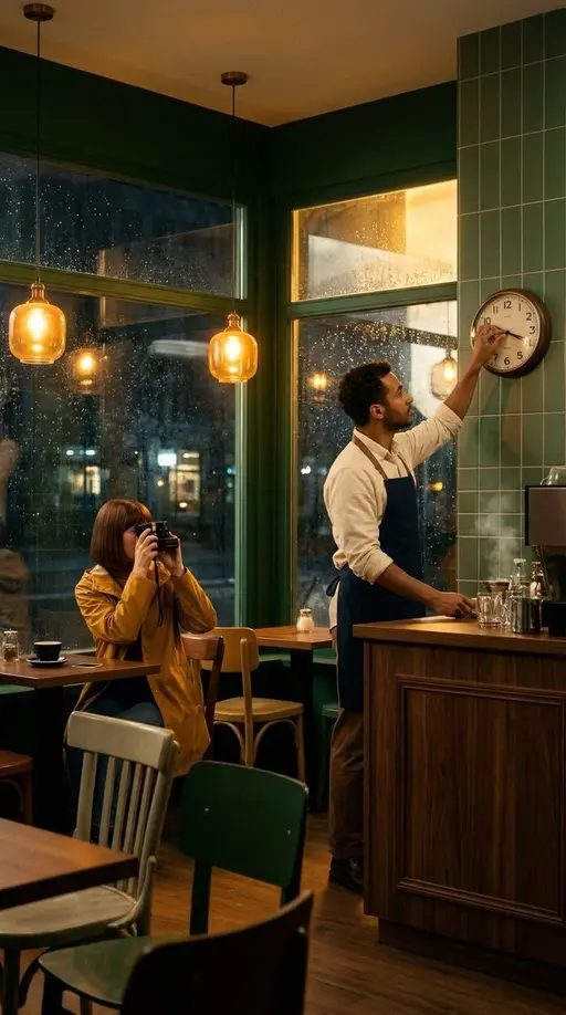 Кафе между минутами · 5. Столик на рассвете: Create one continuous vertical cinematic scene from the supplied visual reference. Timur is a 32-year-old barista with short dark curls, war