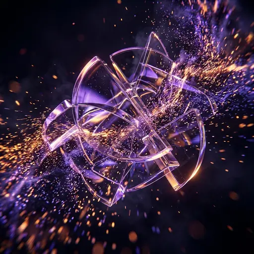 Преломление: Оригинальная работа для портфолио автора Particle9. Сцена: прозрачные стеклянные объёмы преломляют фиолетовый и янтарный свет на глубоком тё