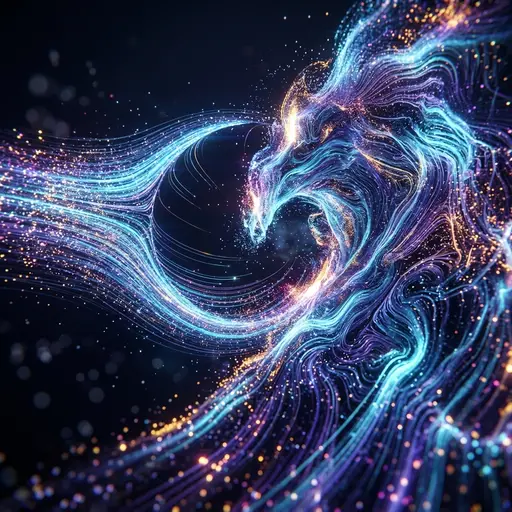 Поток частиц: Оригинальная работа для портфолио автора Particle9. Сцена: рой светящихся частиц огибает невидимый объём и собирается в сложную пространстве