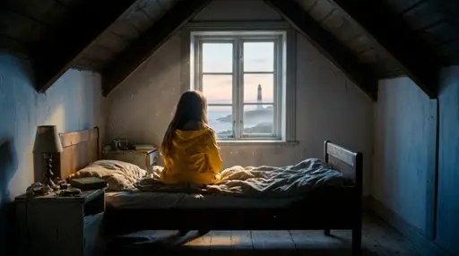 Утро у маяка: The girl slowly sits up, rubs her eyes, then turns her head to look out the window. She smiles slightly. Camera remains static, slightly beh