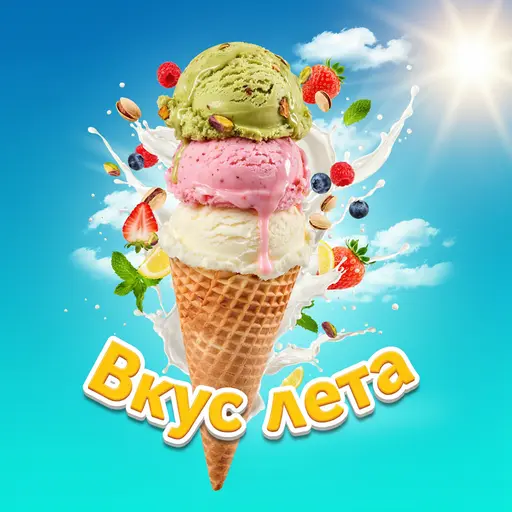 Вкус лета: Рекламный постер мороженого: три шарика — фисташковое, клубничное и ванильное — в вафельном рожке, тающие капли, на фоне ярко-голубого неба,