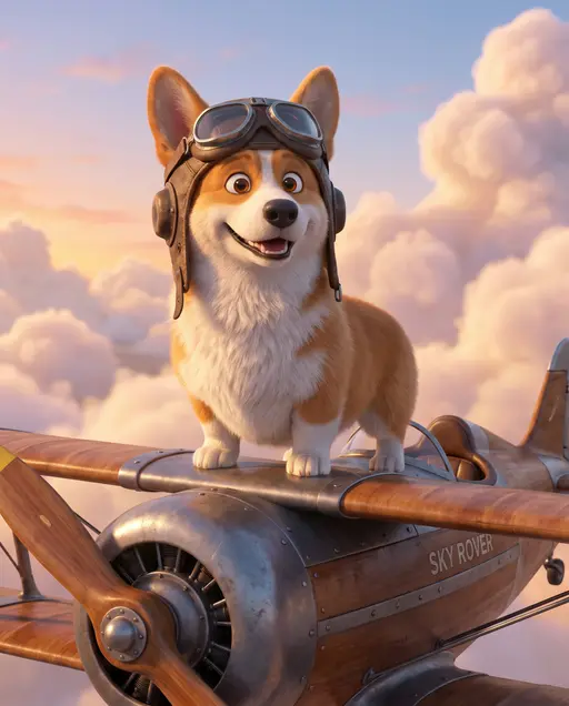 Корги за штурвалом: Корги в виде 3D-персонажа анимационного фильма в кожаном лётном шлеме и очках-авиаторах гордо стоит на крыле маленького винтового самолёта, 