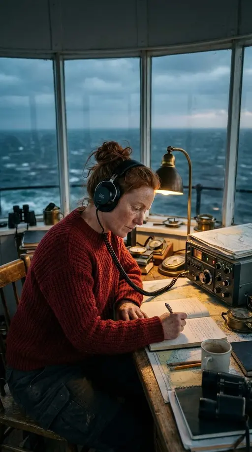 Маяк помнит · 1. Голос из шторма: Create one continuous vertical cinematic scene from the supplied visual reference. Inga is a 38-year-old lighthouse keeper with weathered fa