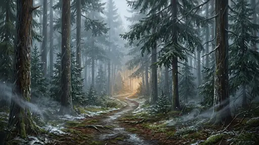 Тропа в тумане: Оригинальная работа для портфолио автора WeatherOwl. Сцена: узкая тропа проходит через утренний хвойный лес, туман разделяет планы, вдали по