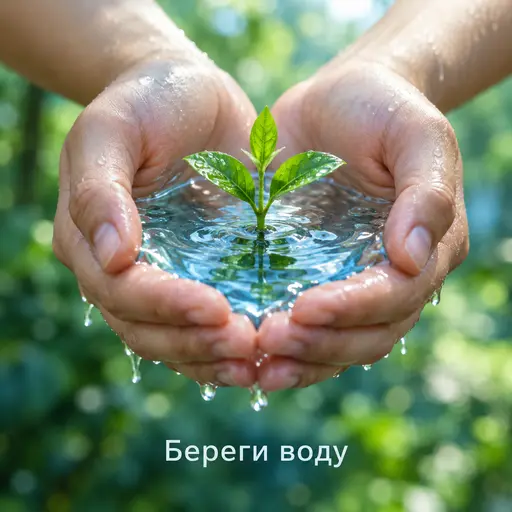 Береги воду: Социальная реклама об экологии: сложенные лодочкой ладони держат прозрачную воду, внутри которой виден маленький зелёный росток, мягкий прир