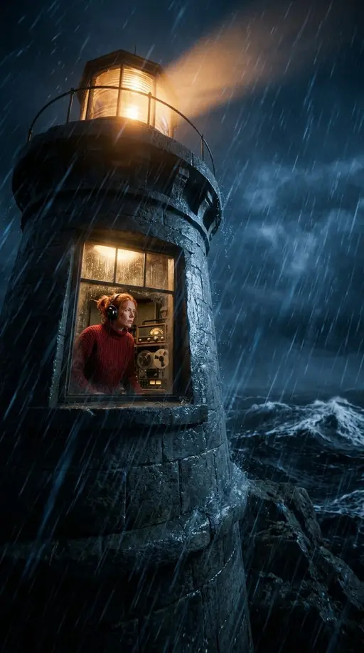 Маяк помнит · Спецэпизод. Минута до волны: Inga is a 38-year-old lighthouse keeper with weathered fair skin, copper-red hair tied in a loose knot, a deep red knitted sweater, dark wor