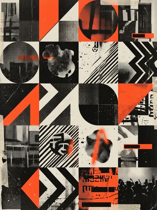 Ритм города: Оригинальная работа для портфолио автора ZineWave. Сцена: современный культурный постер без читаемого текста, крупные геометрические формы, 
