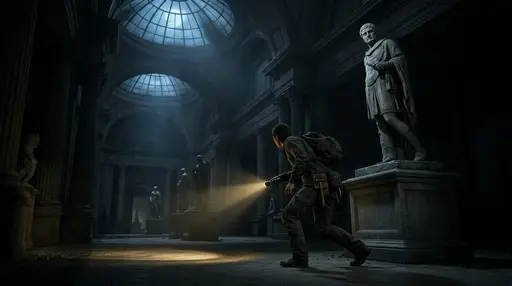 Тишина в музее: Широкая атмосферная сцена оригинальной stealth-horror игры без жестокости: ночной реставратор крадётся по тёмному музею, луч фонаря скользит